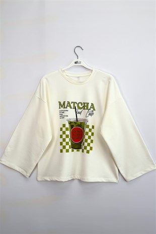 Matcha Baskılı Sweatshirt Ekru