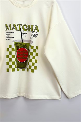 Matcha Baskılı Sweatshirt Ekru