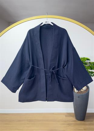 Müslin Bağlamalı Kimono Lacivert 