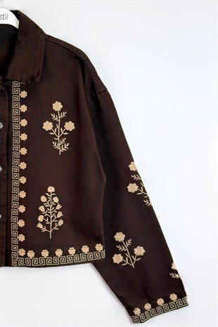 Nakışlı Crop Ceket Kahve 