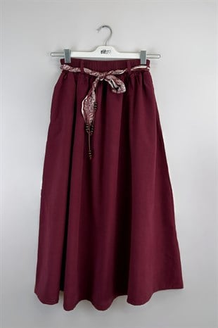 Nara Fular Detaylı Etek Bordo 