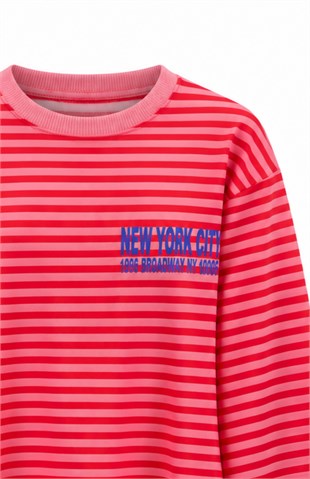 New York City Çizgili Sweat Kırmızı