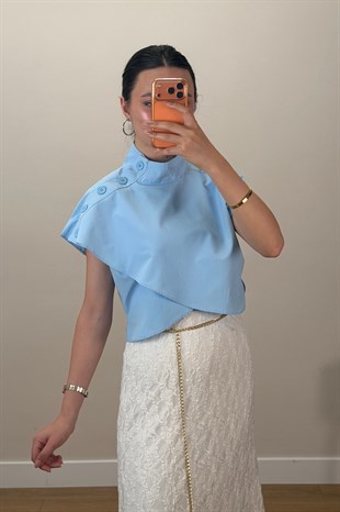 Omuz Düğmeli Bluz Mavi 