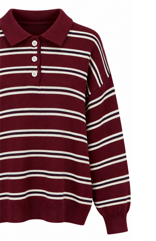 Polo Yaka Çizgili Kazak Bordo