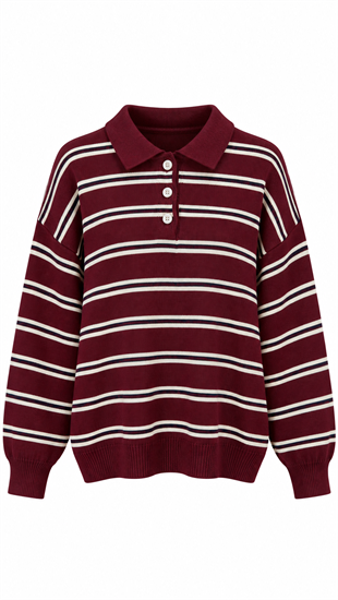 Polo Yaka Çizgili Kazak Bordo