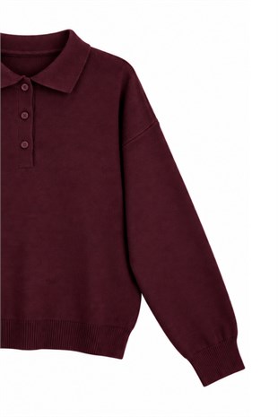 Polo Yaka Düğmeli Triko Kazak Bordo 