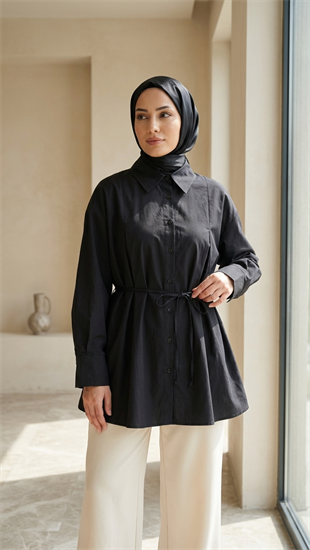 Poplin Bağlamalı Gömlek Siyah 