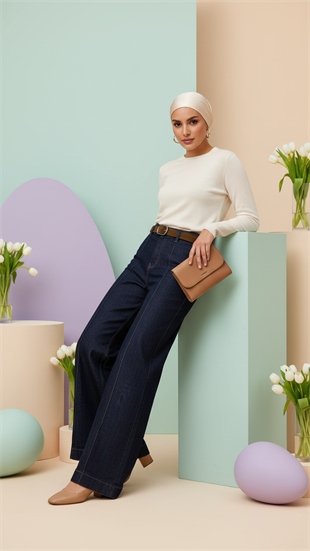 Premium Kemerli Palazzo Jean  Koyu Mavi  