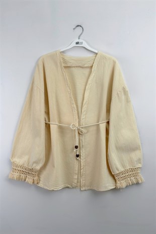 Püskül Detay Keten Kimono Bej