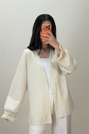 Püskül Detay Keten Kimono Bej