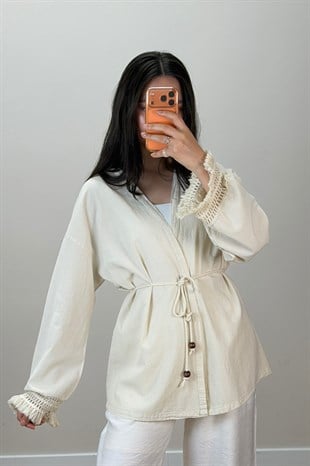 Püskül Detay Keten Kimono Bej
