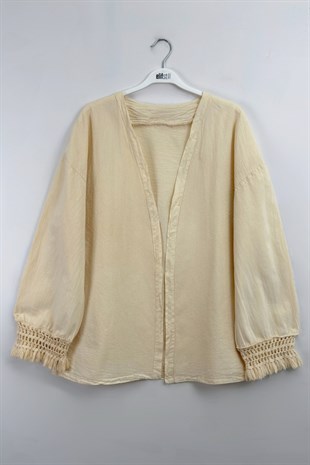 Püskül Detay Keten Kimono Bej