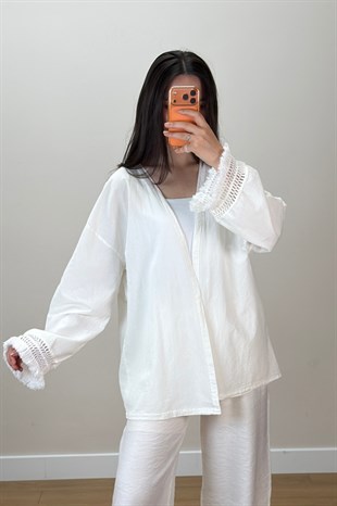 Püskül Detay Keten Kimono Ekru