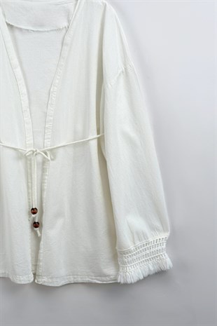Püskül Detay Keten Kimono Ekru