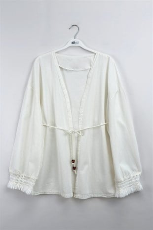 Püskül Detay Keten Kimono Ekru