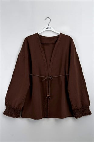 Püskül Detay Keten Kimono Kahve