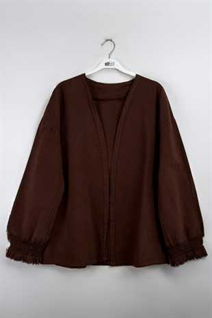 Püskül Detay Keten Kimono Kahve