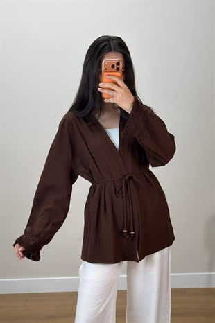 Püskül Detay Keten Kimono Kahve