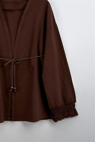 Püskül Detay Keten Kimono Kahve
