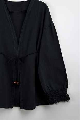 Püskül Detay Keten Kimono Siyah