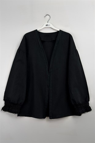 Püskül Detay Keten Kimono Siyah