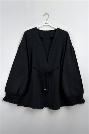 Püskül Detay Keten Kimono Siyah
