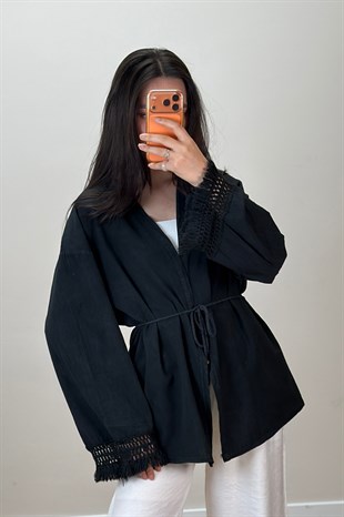 Püskül Detay Keten Kimono Siyah