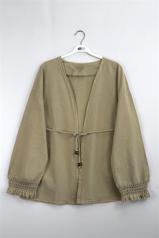Püskül Detay Keten Kimono Vizon