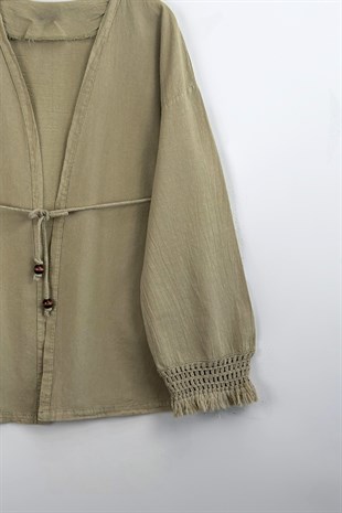 Püskül Detay Keten Kimono Vizon