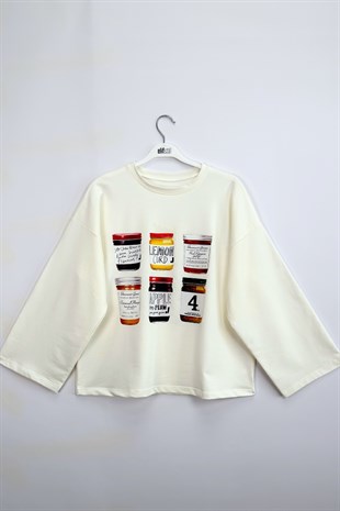 Reçel Baskılı Sweatshirt Ekru