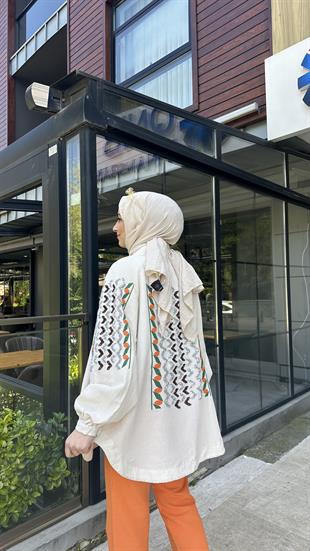 Renkli Nakışlı Kimono Bej
