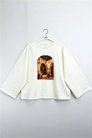 Safari Baskılı Sweatshirt Ekru