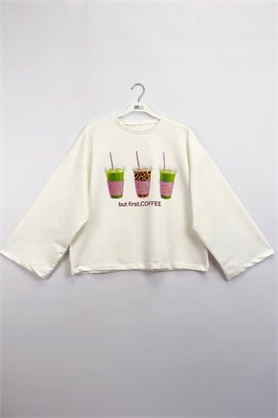 Taşlı İçecek Baskılı Sweatshirt Ekru 