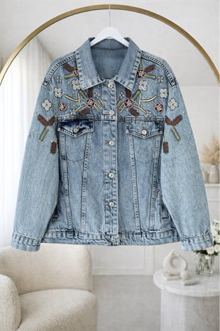 Taşlı İşlemeli Kot Ceket Mavi 