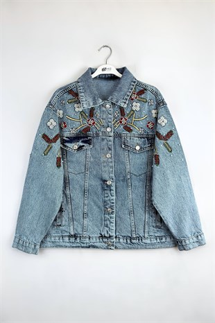 Taşlı İşlemeli Kot Ceket Mavi 