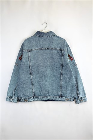 Taşlı İşlemeli Kot Ceket Mavi 