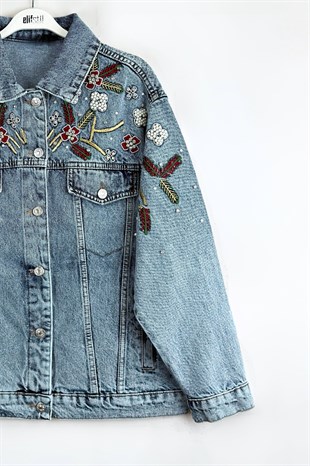 Taşlı İşlemeli Kot Ceket Mavi 