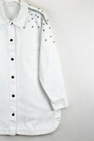 Taşlı Kot Ceket Beyaz 