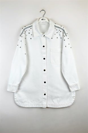 Taşlı Kot Ceket Beyaz 