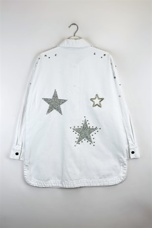 Taşlı Kot Ceket Beyaz 