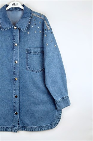 Taşlı Kot Ceket Mavi 