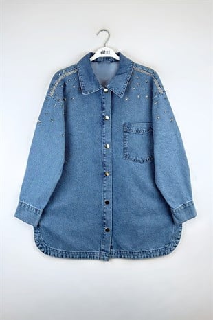 Taşlı Kot Ceket Mavi 