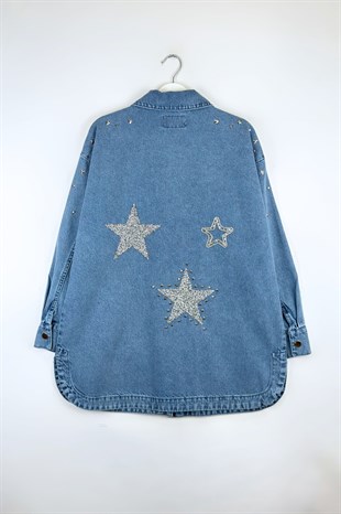 Taşlı Kot Ceket Mavi 