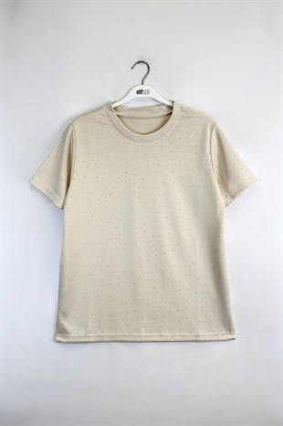 Taşlı Tshirt Bej 