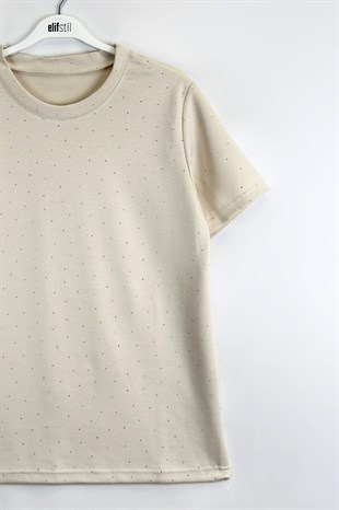 Taşlı Tshirt Bej 
