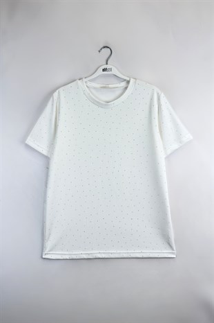 Taşlı Tshirt Ekru 
