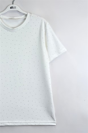 Taşlı Tshirt Ekru 