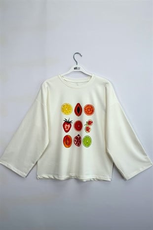 Tropical Baskılı Sweatshirt Ekru