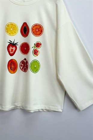 Tropical Baskılı Sweatshirt Ekru