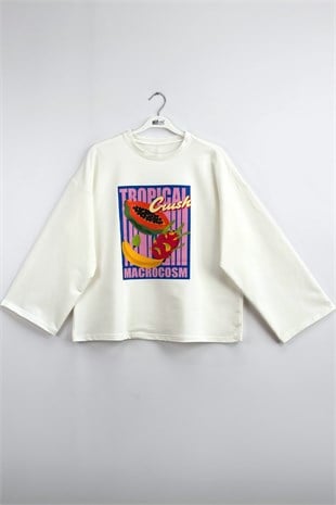 Tropikal Meyve Baskılı Sweatshirt Ekru 